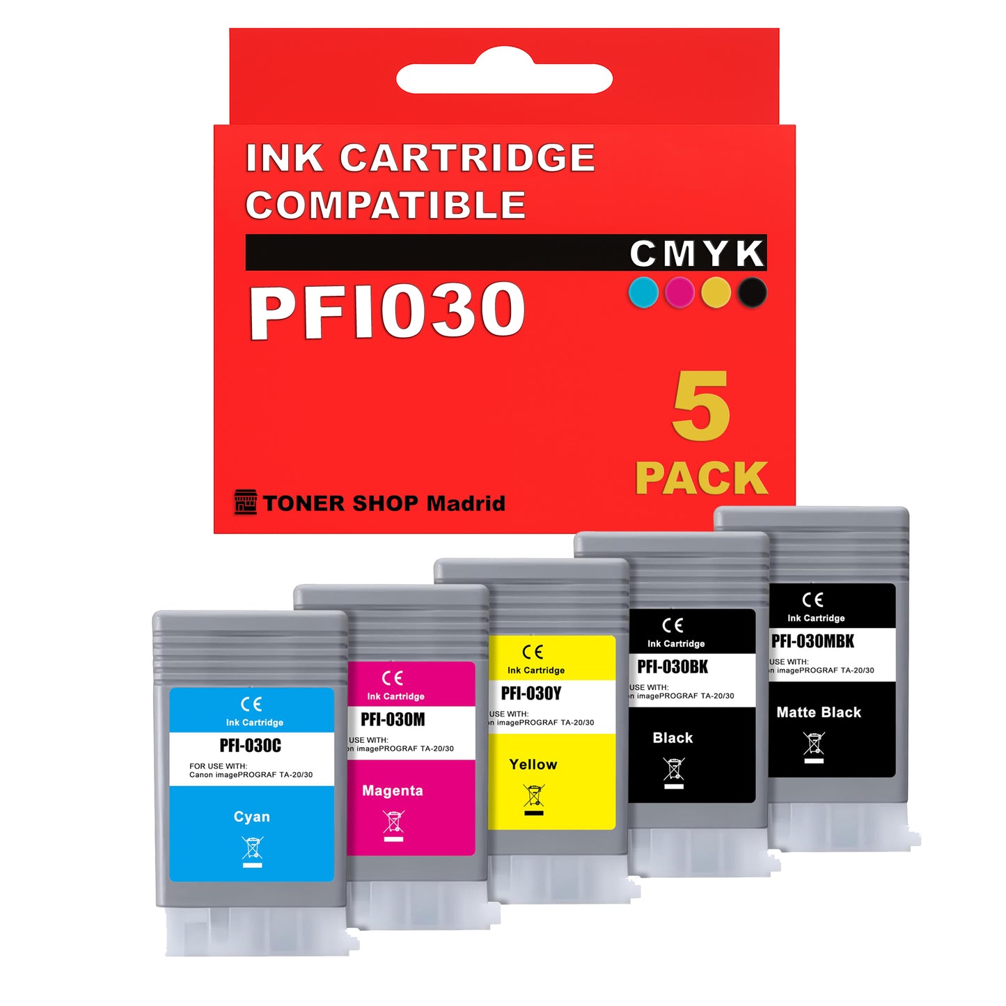 BDink Cartuchos Tinta Pigmentada Compatible con Canon PFI030 (Pack 5)