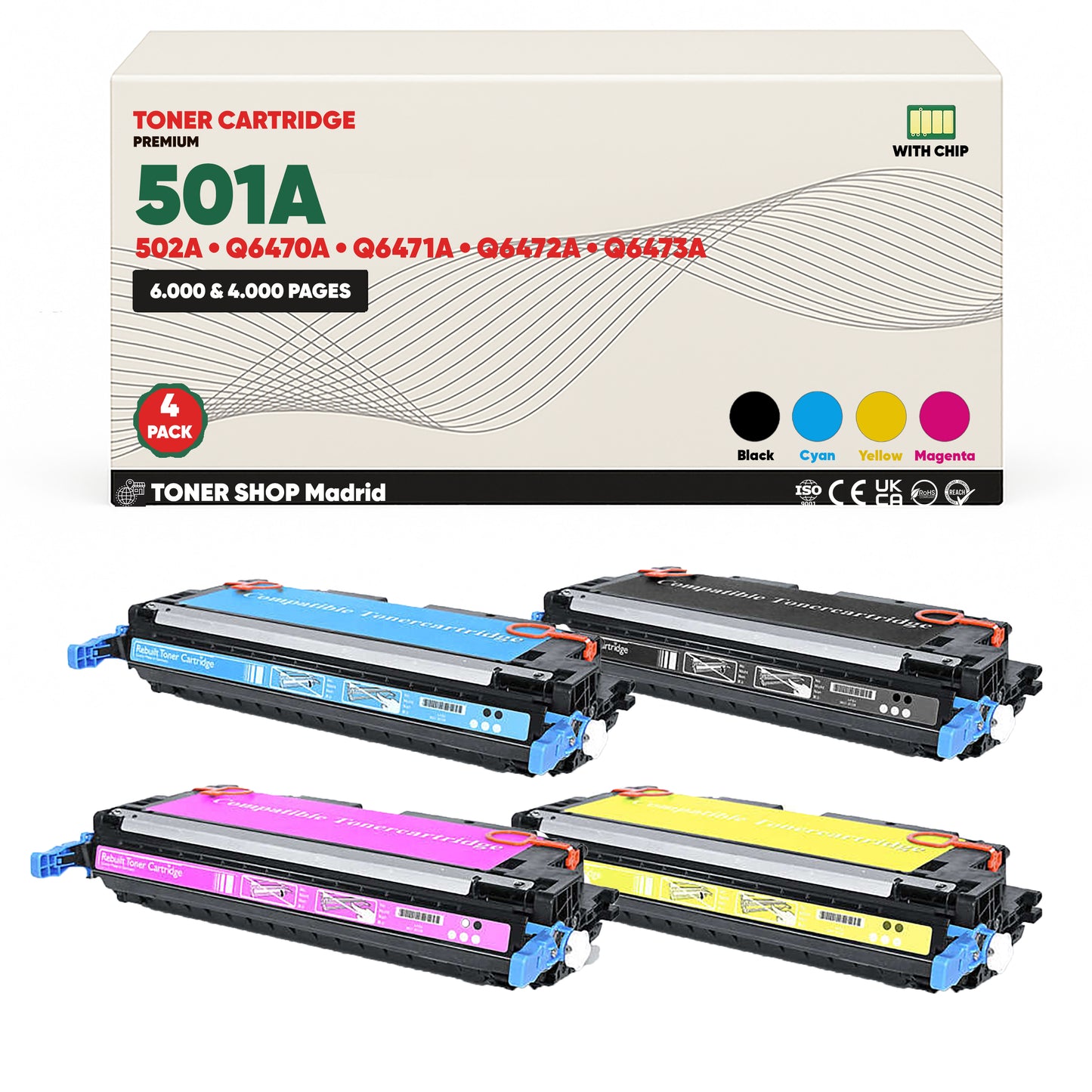 BDink Tóner Compatible HP 501A/502A (Pack 4) Q6470A Q7581A Q7582A Q7583A