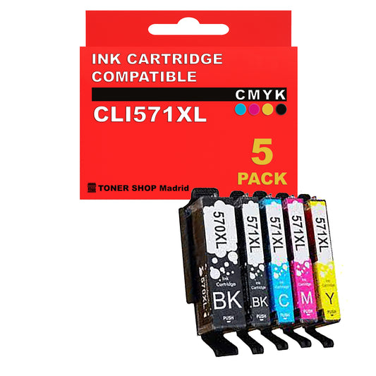 BDink Cartuchos Tinta Compatible con Canon CLI571XL Negro, Cyan, Gris, Magenta y Amarillo (Pack 5)