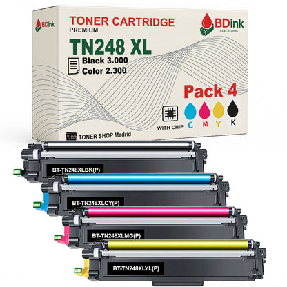 BDink Pack de 4 Tóners Compatibles TN248XL CMYK con Chip para MFC L8340CDW HL L3240CDW DCP L3520CDW – Negro 3.000 pág, Color 2.300 pág – Impresión profesional y rendimiento alto