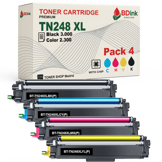 BDink Pack de 4 Tóners Compatibles TN248XL CMYK con Chip para MFC L8340CDW HL L3240CDW DCP L3520CDW – Negro 3.000 pág, Color 2.300 pág – Impresión profesional y rendimiento alto